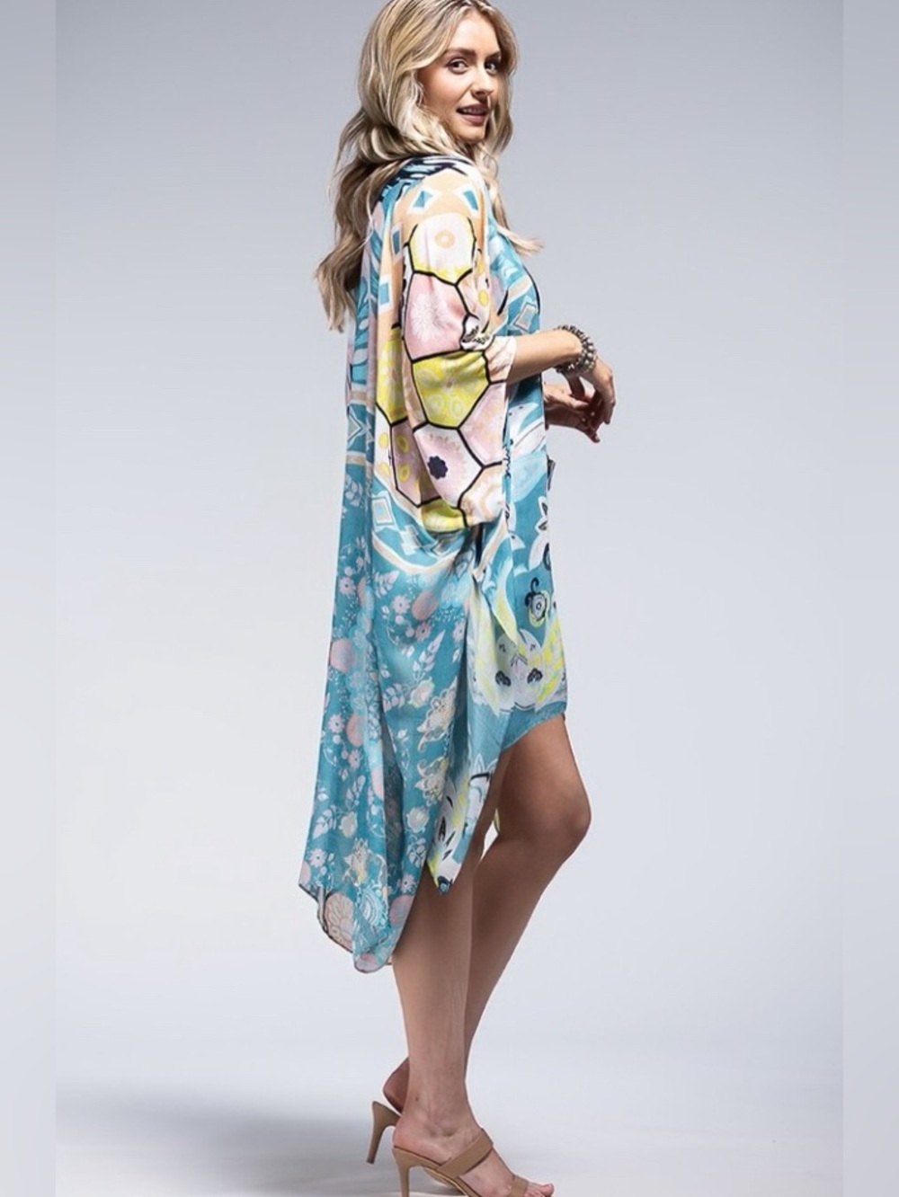 Lightweight Pastel Floral & Geometric Kimono Wrap - Pastel Blue O/S - Picture 5 of 7